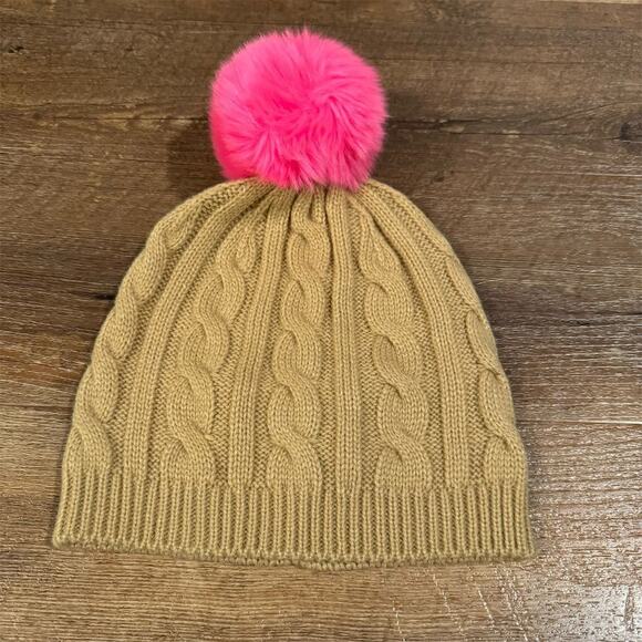 Beige Cable Knit Beanie Hat with Hot Pink Pom Pom Barbie Core Preppy Warm Cozy - Picture 1 of 5